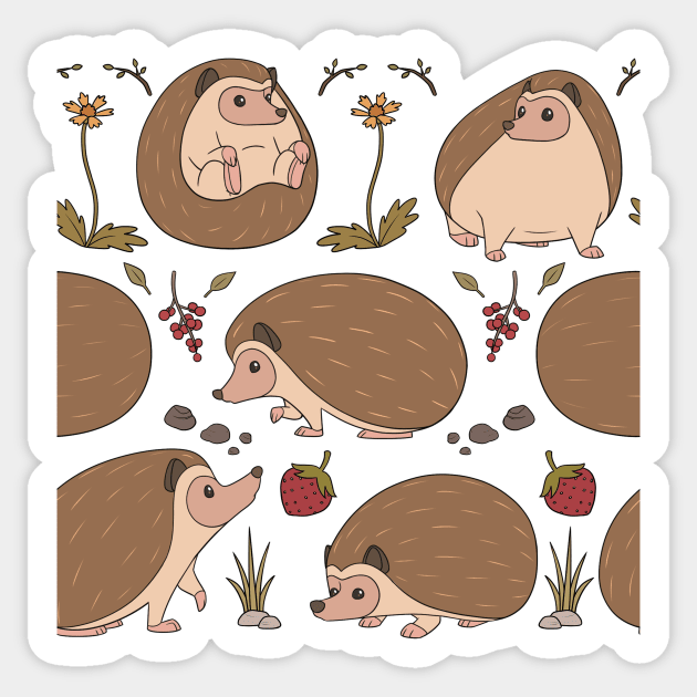 Hedgehogs Among the Flowers Pattern in Burgundy/Brown Sticker by PaperRain